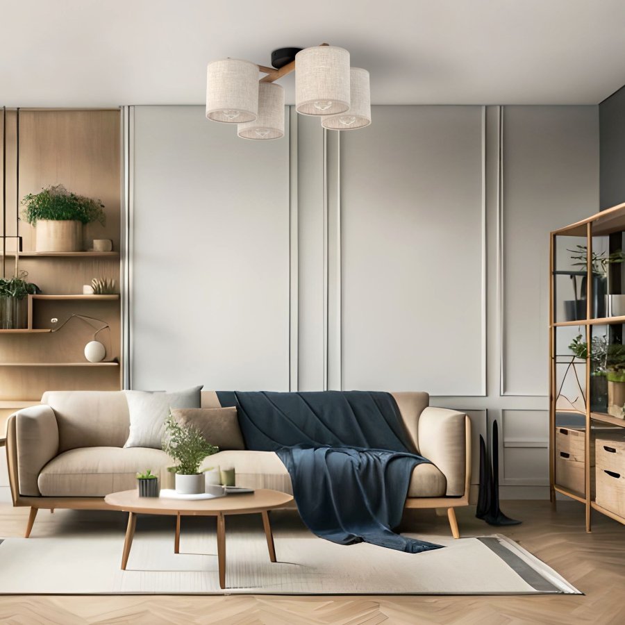 TK Deva loftlampe, m. 4 skrme - natur stof/fyrretr og sort stl