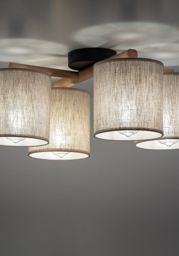 TK Deva loftlampe, m. 4 skrme - natur stof/fyrretr og sort stl