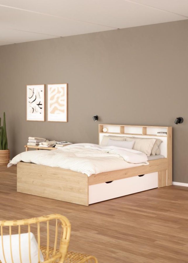 TVILUM Ikast Seng med 2 skuffer 140x190, Jackson Hickory/Hvid, 149,8 x 206 x 96,8 cm