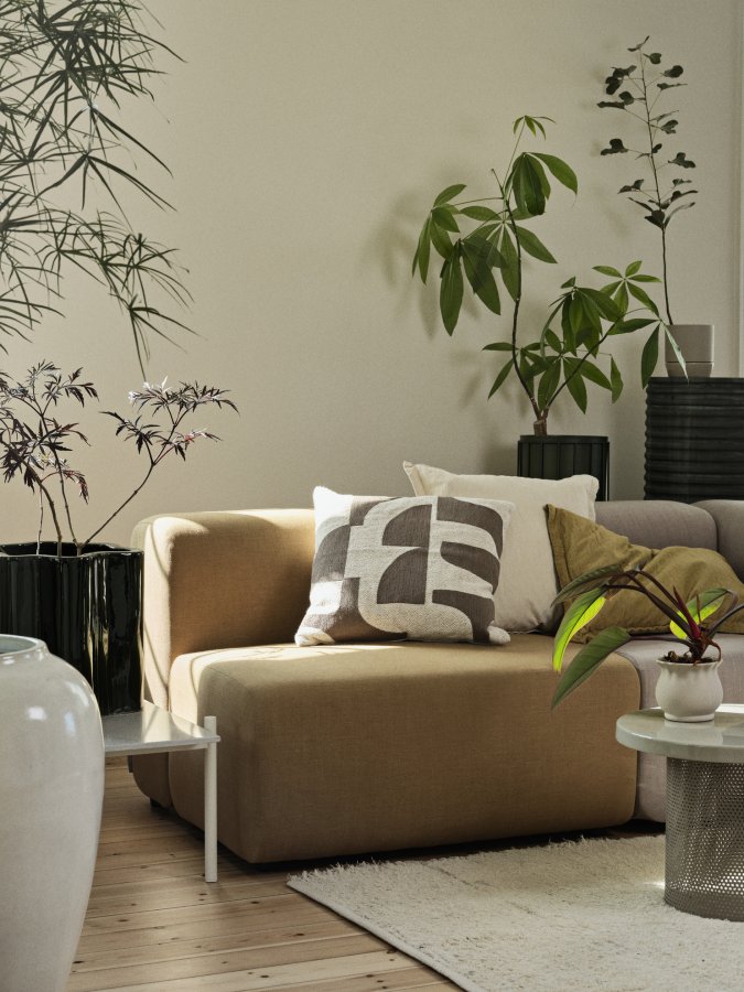 BROSTE COPENHAGEN Mundo pudebetrk, kvadratisk - knguru brun og lys beige bomuld/hr (50x50)