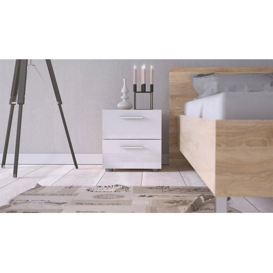 TVILUM Pepe sengebord, m. 2 skuffer - egetrsfarvet og hvid folie og plastik (40x40,25)