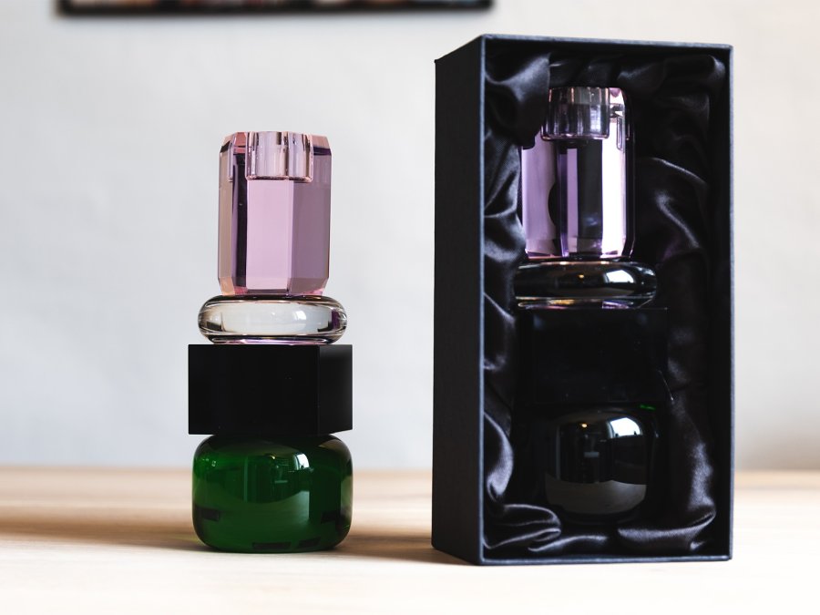 HOUSE OF SANDER Jasmin lysestage - grn/sort/klar/lyserd krystalglas