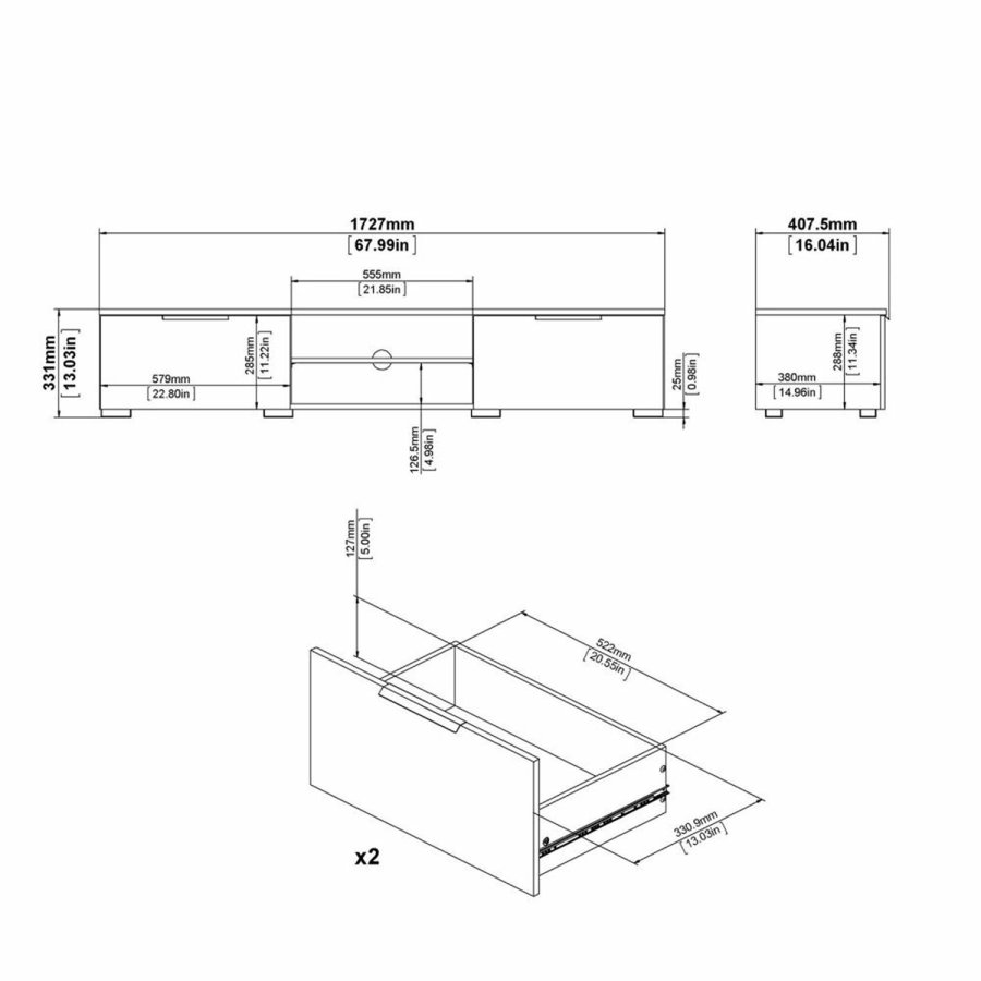 TVILUM Match TV-bord, m. 1 hylde og 2 skuffer - sort folie og plastik (172,7x39,9)