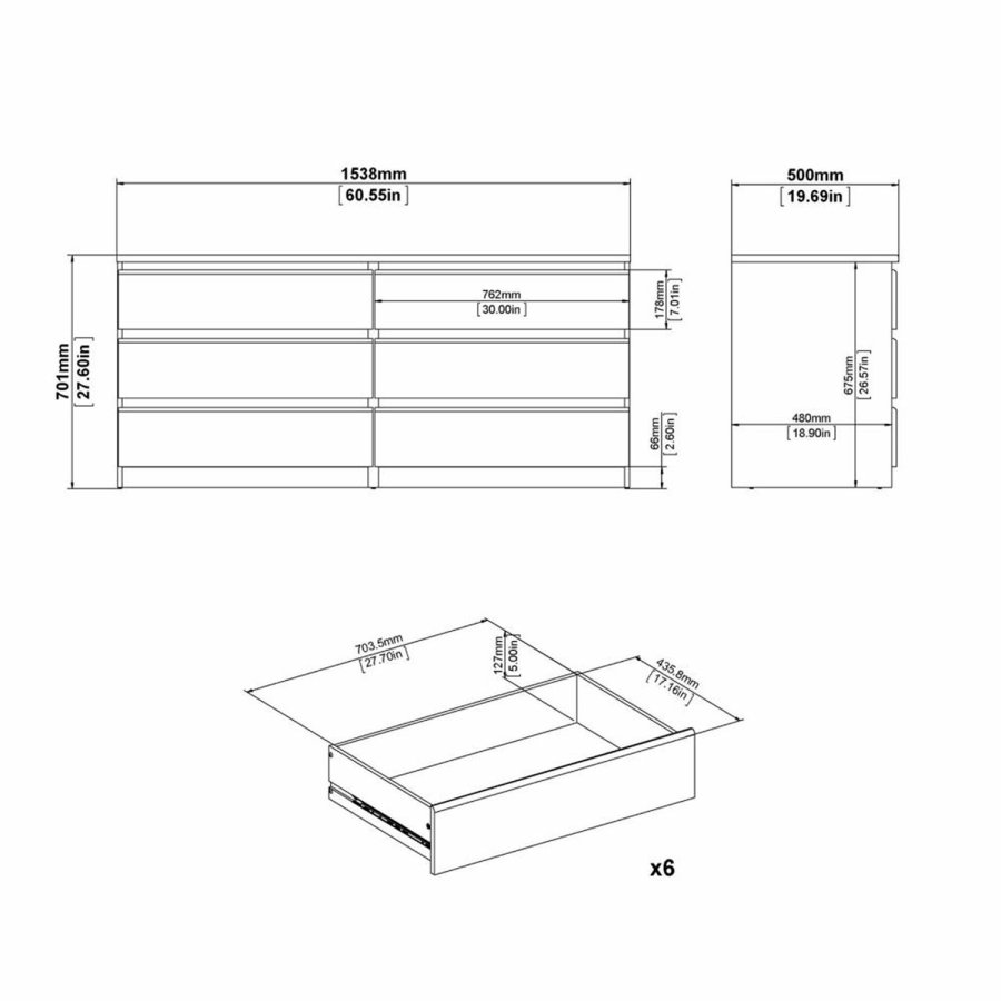 TVILUM Naia dobbelt kommode, m. 6 skuffer - sort folie og plastik