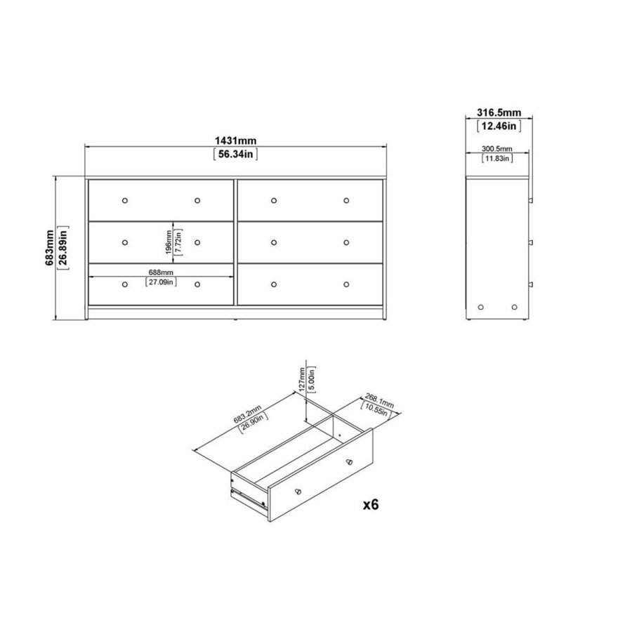 TVILUM May dobbelt kommode, m. 6 skuffer - natur folie og plastik