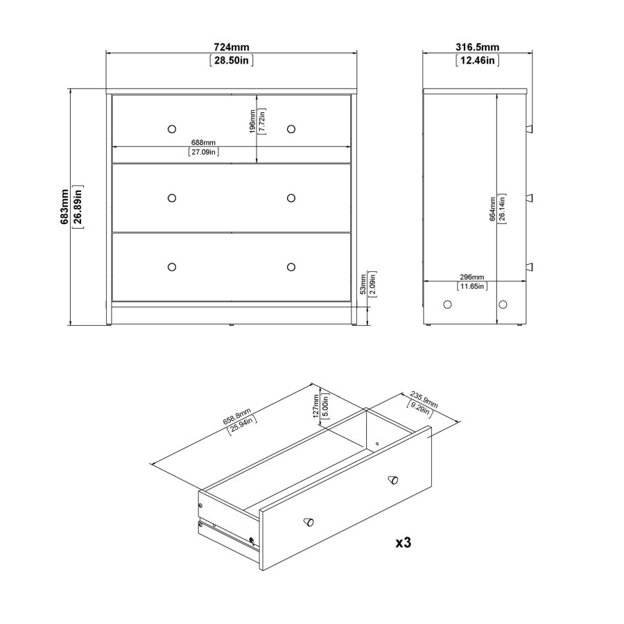 TVILUM May kommode - sort tr, m. 3 skuffer
