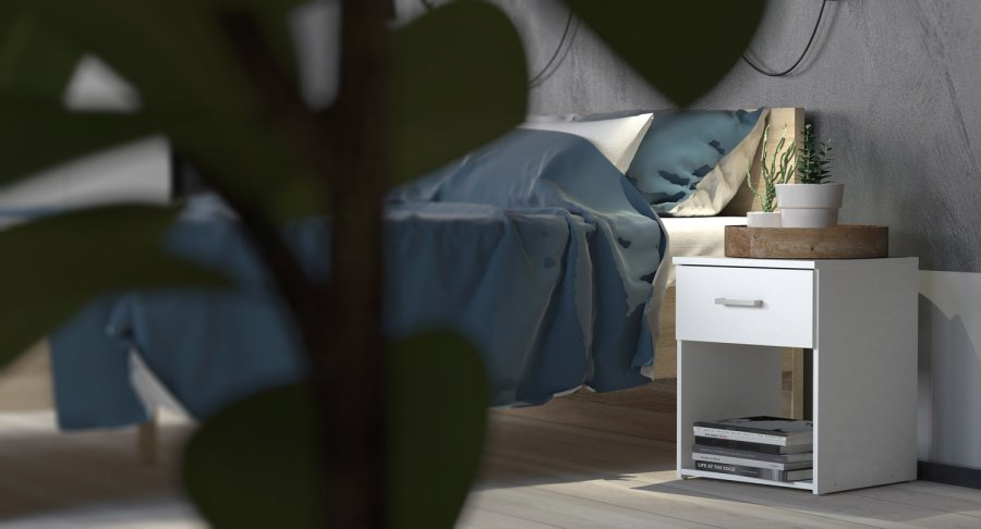 TVILUM Space sengebord - hvidt tr, m. 1 skuffe og 1 rum