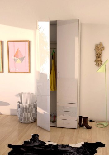 TVILUM Space garderobeskab i tr - hvid hjglans, m. 2 lger og 3 skuffer