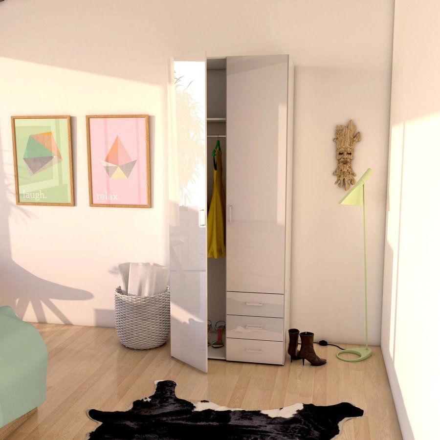 TVILUM Space garderobeskab i tr - hvid hjglans, m. 2 lger og 3 skuffer