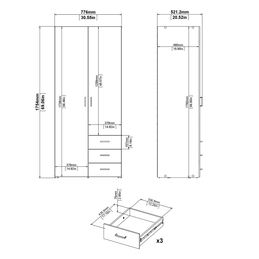 TVILUM Space garderobeskab - hvid tr, m. 2 lger og 3 skuffer