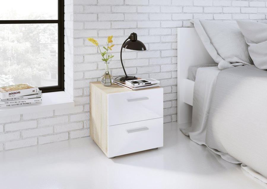 TVILUM Pepe natbord - egetrsstruktur/hvid hjglans, m. 2 skuffer 