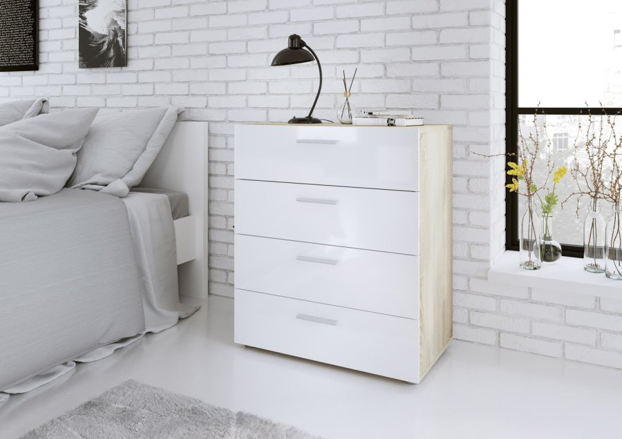 TVILUM Pepe kommode - egetrsstruktur/hvid hjglans, m. 4 skuffer 