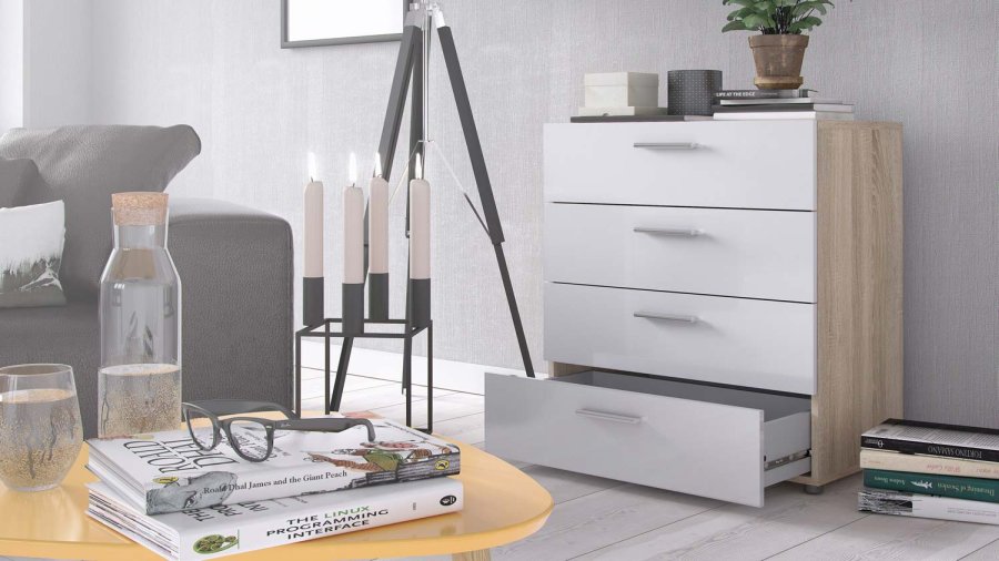 TVILUM Pepe kommode - egetrsstruktur/hvid hjglans, m. 4 skuffer 