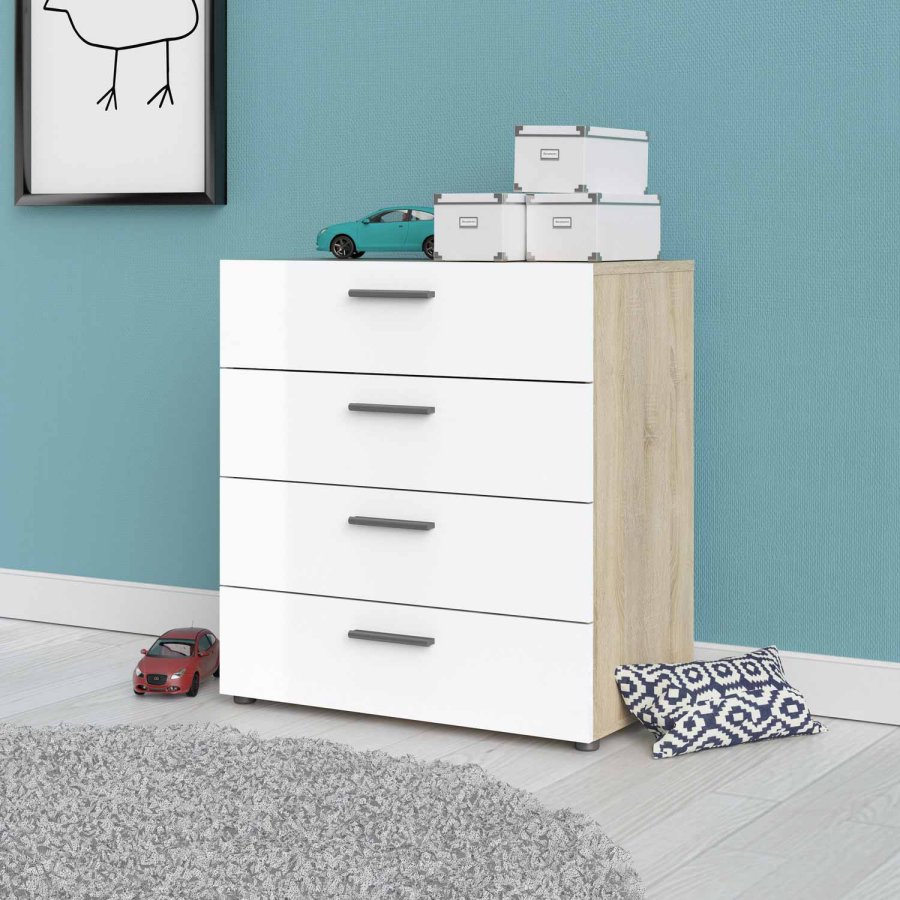 TVILUM Pepe kommode - egetrsstruktur/hvid hjglans, m. 4 skuffer 