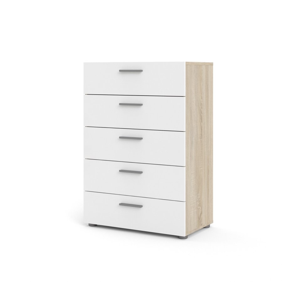 TVILUM Pepe kommode - hvid hjglans/natur tr/egetrsfinér, m. 5 skuffer
