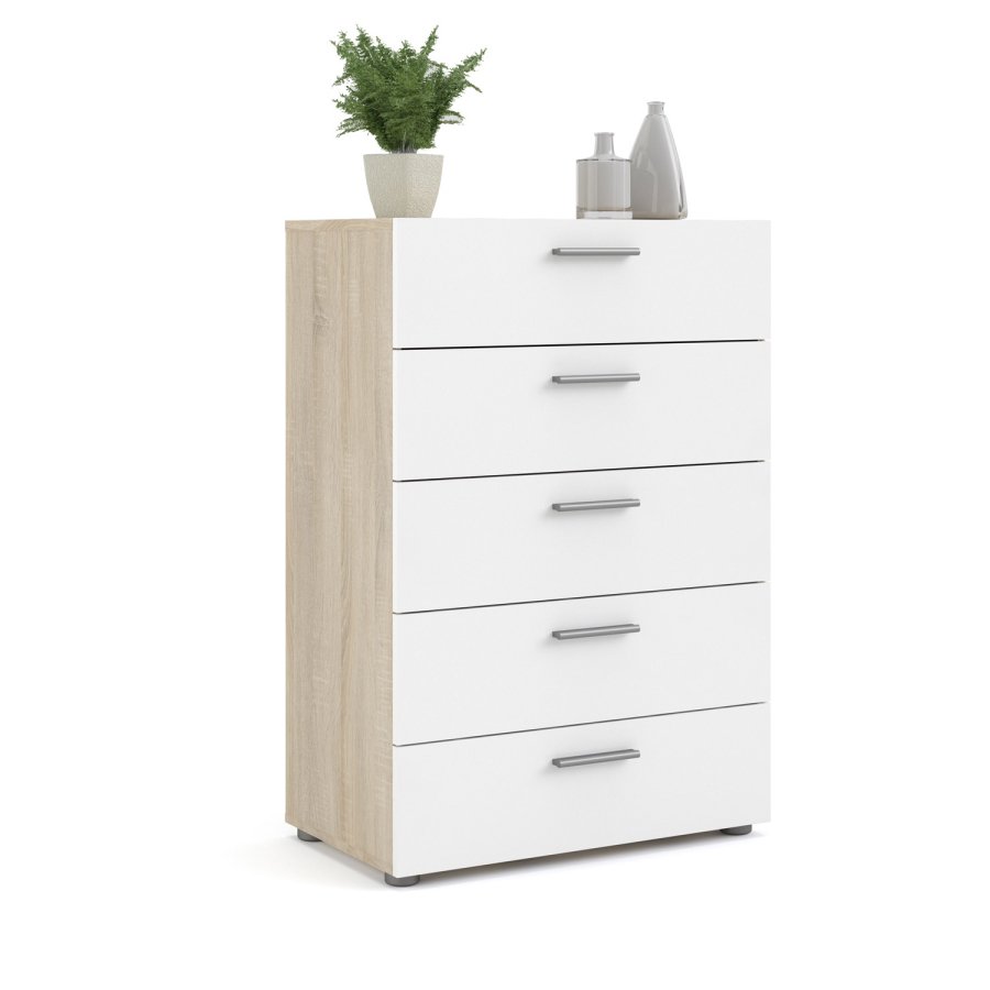 TVILUM Pepe kommode - hvid hjglans/natur tr/egetrsfinér, m. 5 skuffer