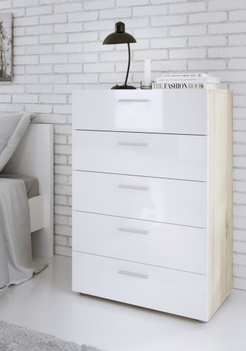TVILUM Pepe kommode - hvid hjglans/natur tr/egetrsfinér, m. 5 skuffer
