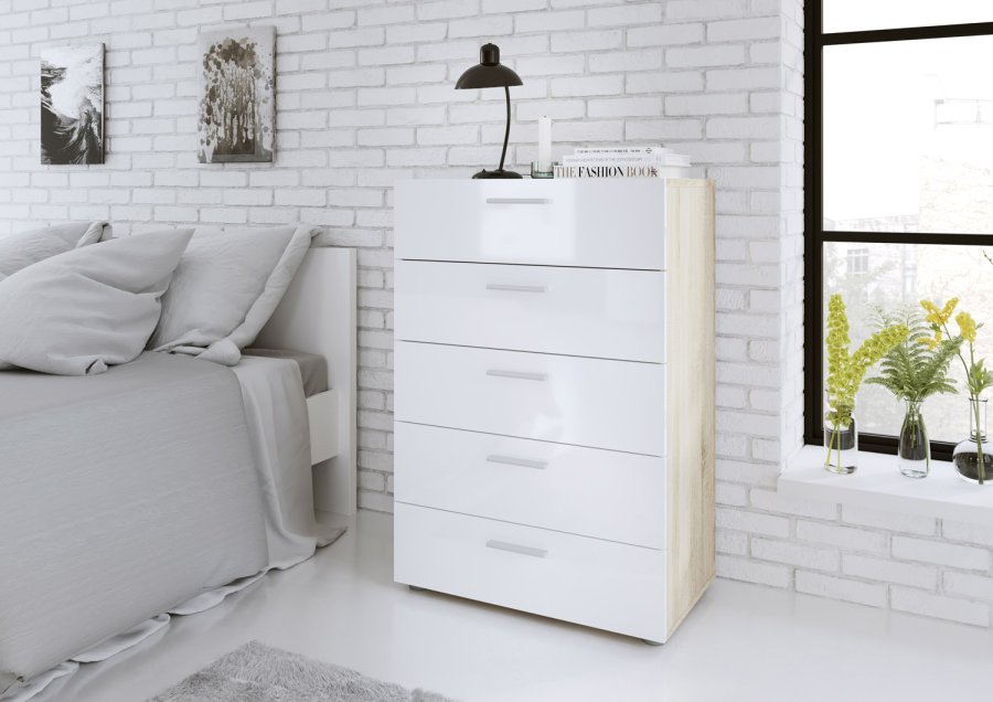 TVILUM Pepe kommode - hvid hjglans/natur tr/egetrsfinér, m. 5 skuffer