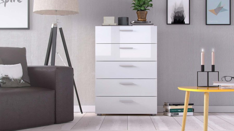 TVILUM Pepe kommode - hvid hjglans/natur tr/egetrsfinér, m. 5 skuffer