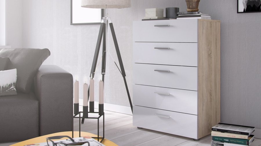 TVILUM Pepe kommode - hvid hjglans/natur tr/egetrsfinér, m. 5 skuffer