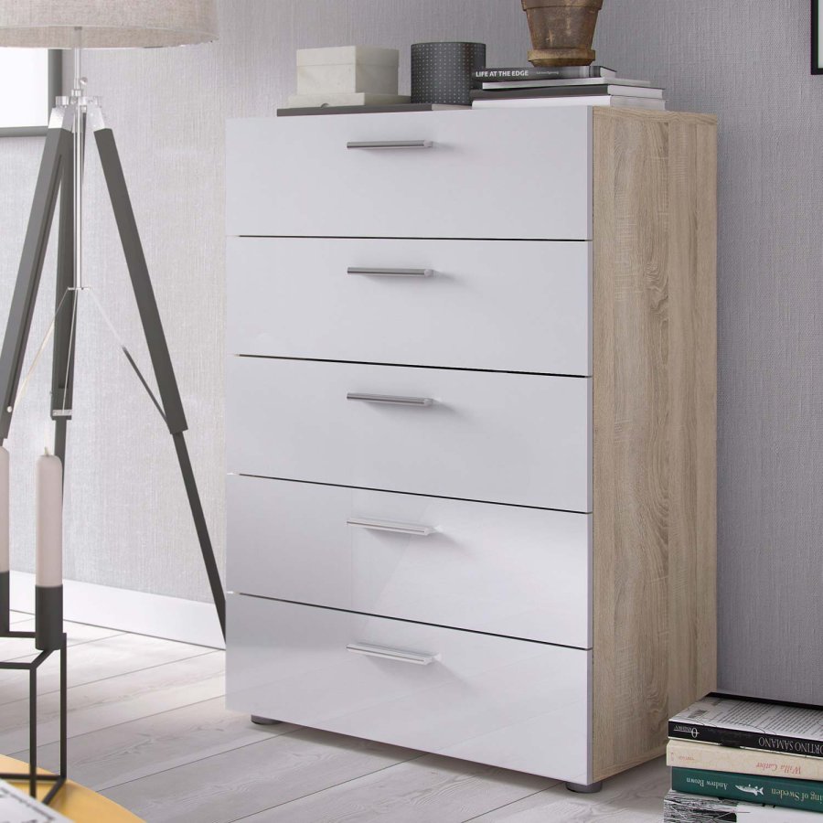 TVILUM Pepe kommode - hvid hjglans/natur tr/egetrsfinér, m. 5 skuffer