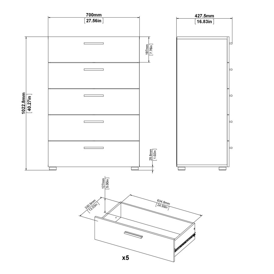 TVILUM Pepe kommode - hvid hjglans/natur tr/egetrsfinér, m. 5 skuffer