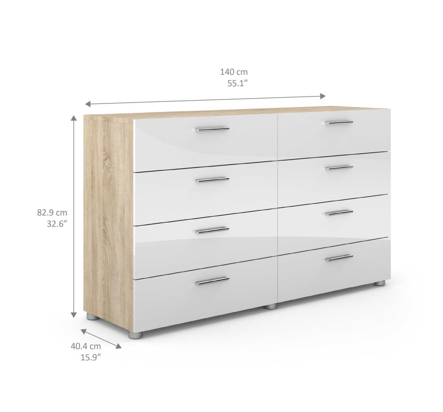 TVILUM Pepe kommode - hvid hjglans/natur tr/egetrsfinér, m. 8 skuffer