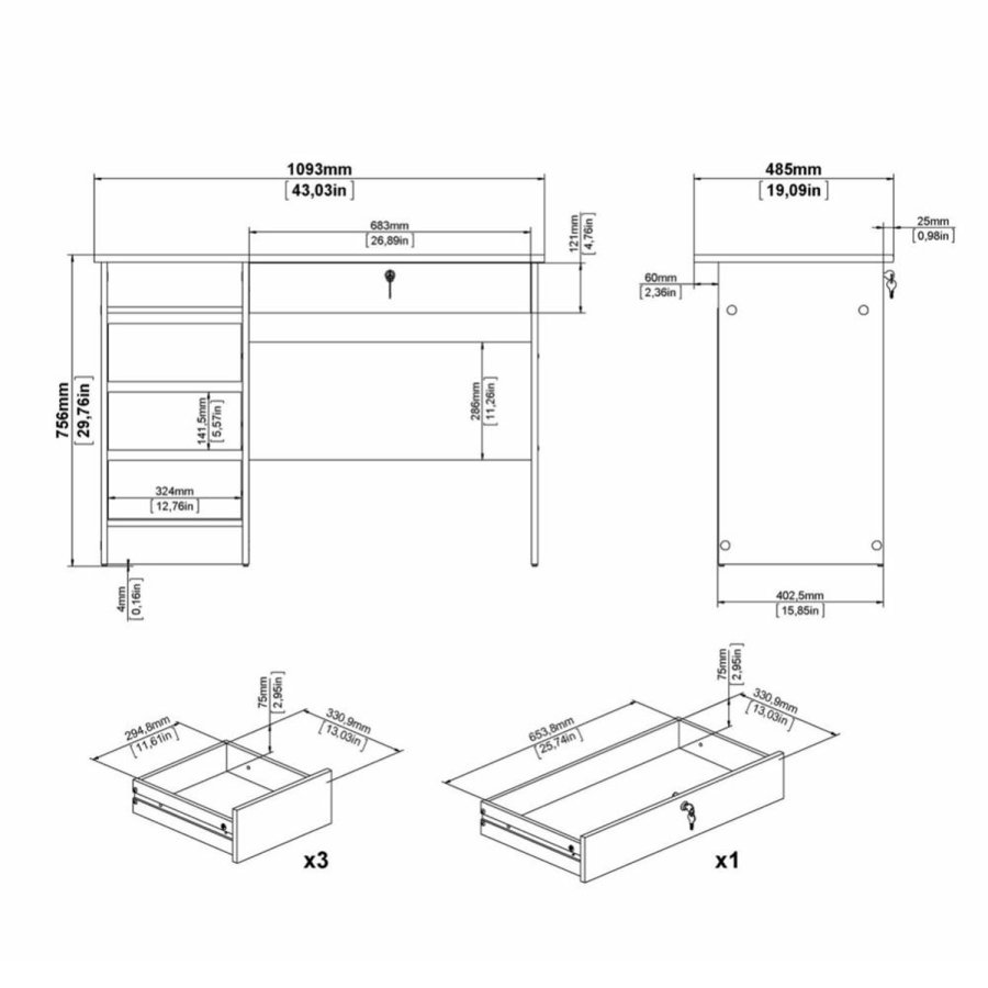 TVILUM Function Plus skrivebord, m. 1 rum og 4 skuffer - hvid folie og melamin (109,3x48,5)