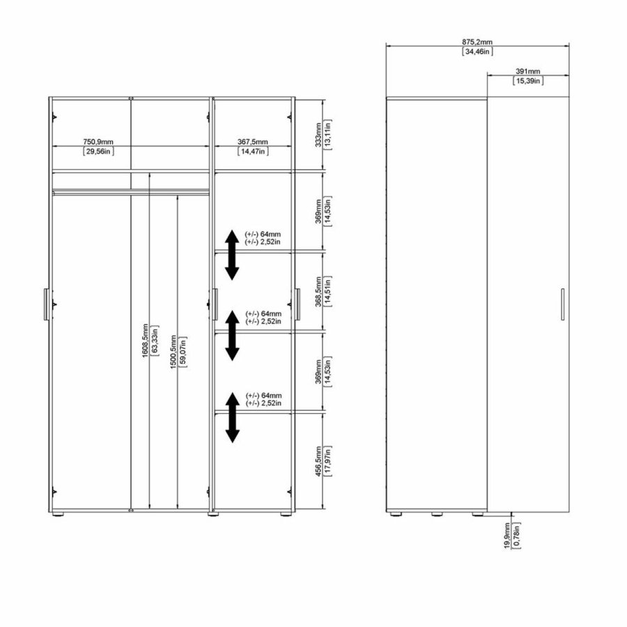 TVILUM Pepe garderobeskab, m. 3 lger - hvid og egetrsfarvet folie
