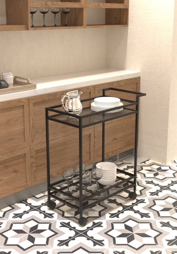 NORDVÄRK Vortex rullebord, m. 1 hylde og hjul - glas og sort metal (60x35)