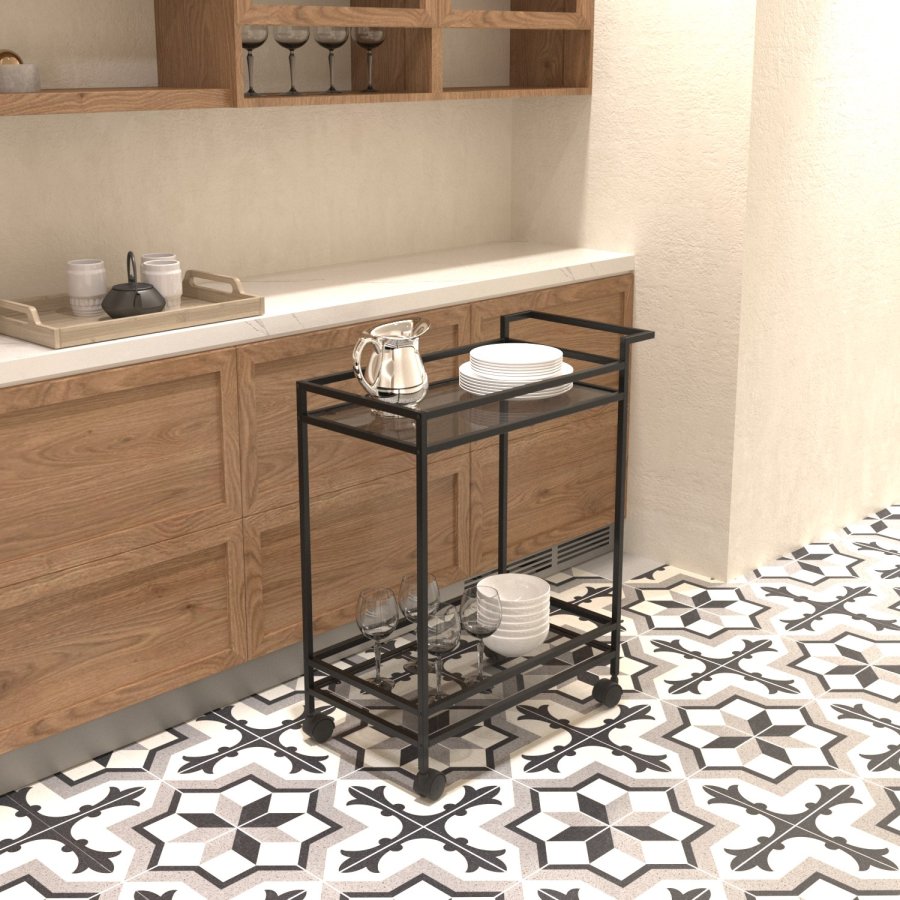 NORDVÄRK Vortex rullebord, m. 1 hylde og hjul - glas og sort metal (60x35)