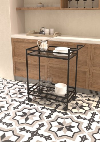 NORDVÄRK Vortex rullebord, m. 1 hylde og hjul - glas og sort metal (60x35)