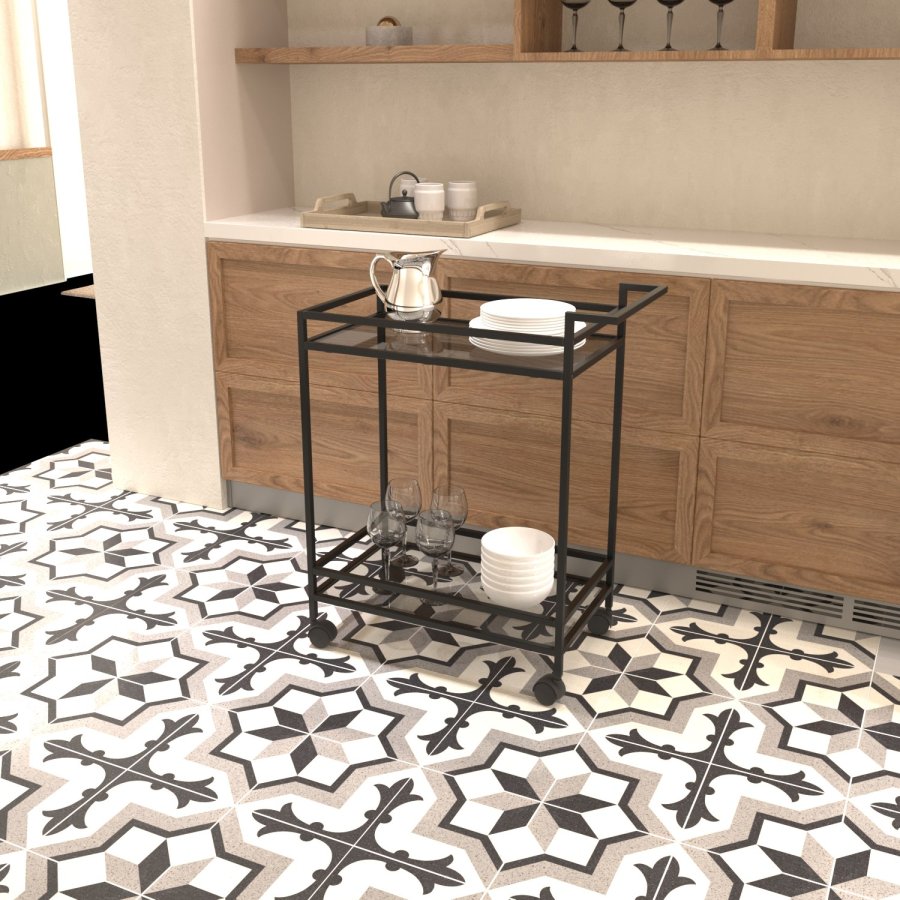 NORDVÄRK Vortex rullebord, m. 1 hylde og hjul - glas og sort metal (60x35)