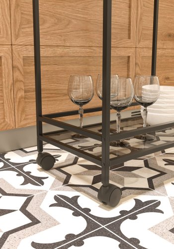 NORDVÄRK Vortex rullebord, m. 1 hylde og hjul - glas og sort metal (60x35)