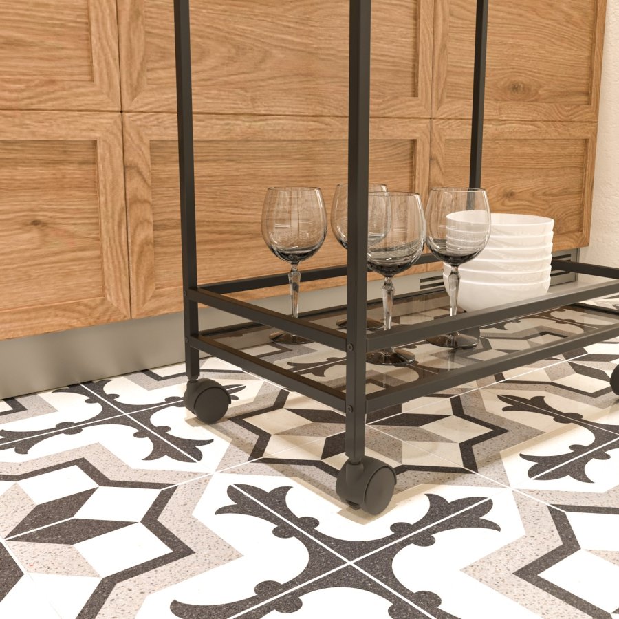 NORDVÄRK Vortex rullebord, m. 1 hylde og hjul - glas og sort metal (60x35)