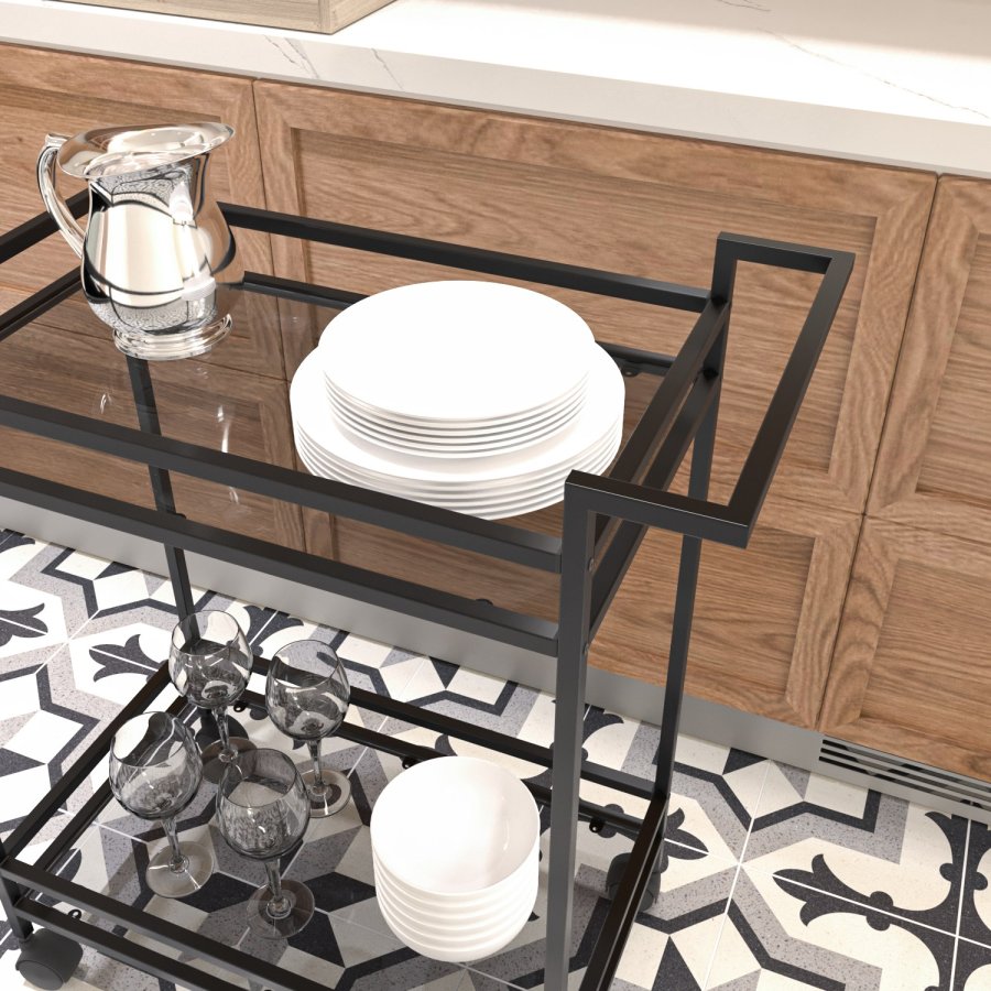 NORDVÄRK Vortex rullebord, m. 1 hylde og hjul - glas og sort metal (60x35)