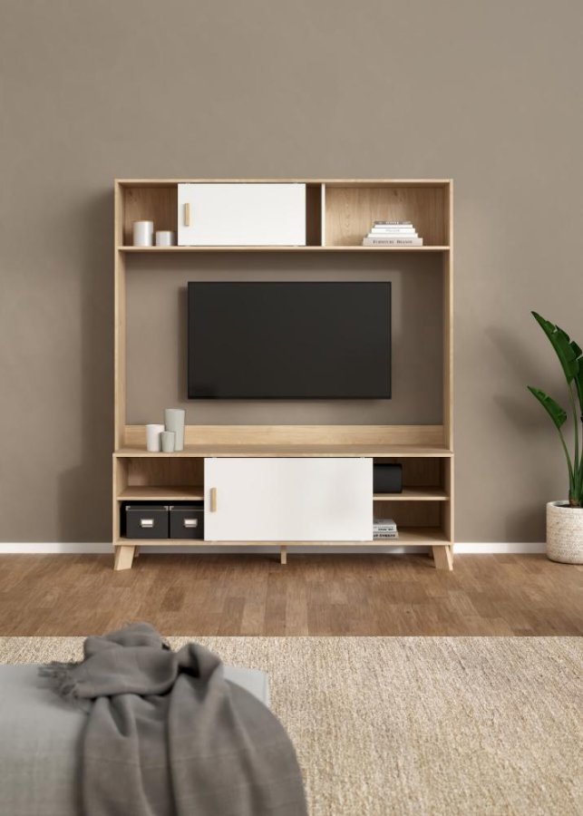 TVILUM Ikast TV-vg med 2 skydedre, Jackson Hickory/Hvid, 158,7 x 48,35 x 180,9 cm
