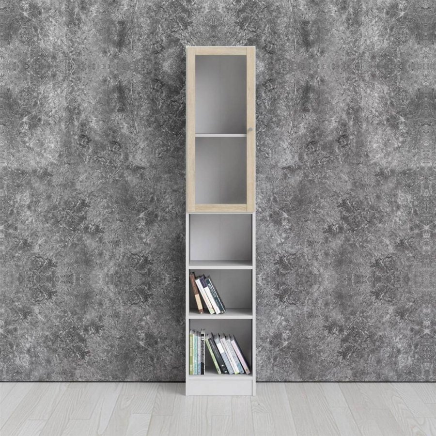 TVILUM Basic reol, m. 1 glaslge - hvid og egetrsfarvet folie