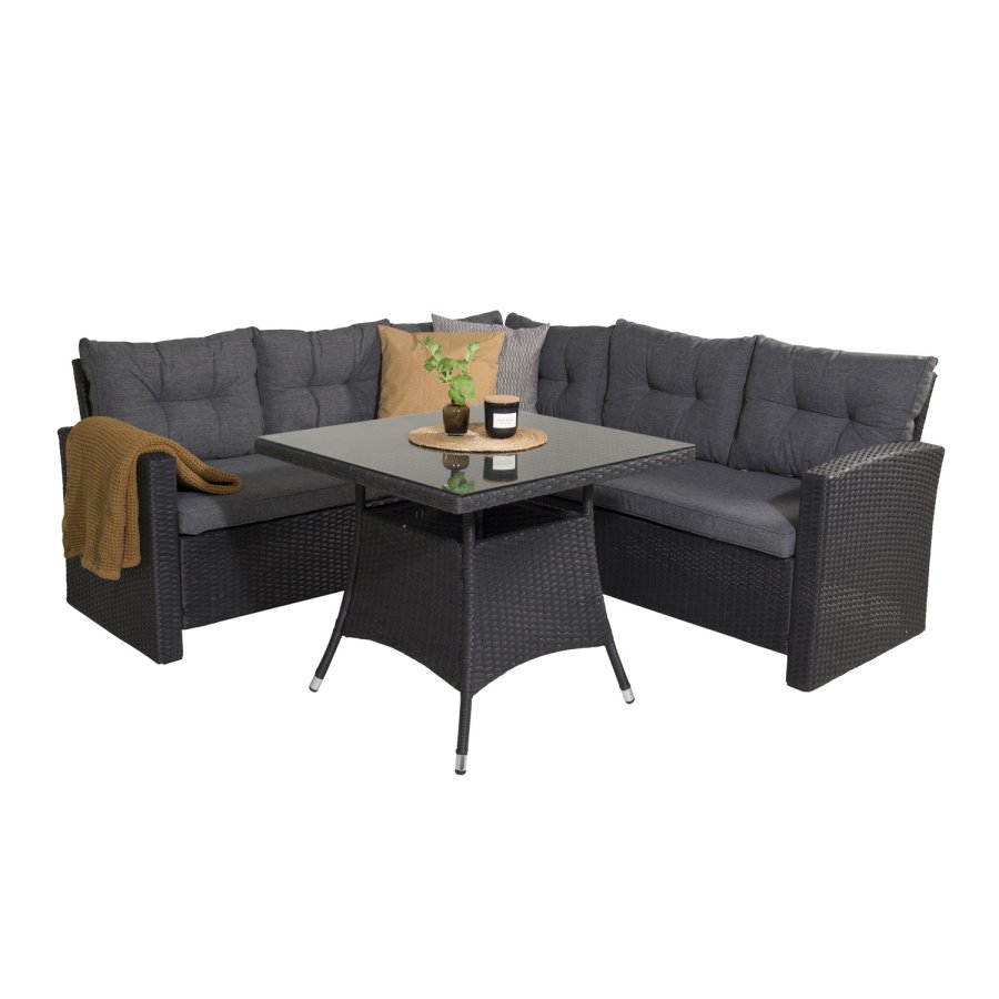 VENTURE DESIGN Watford hjrnesofa st - gr hynder, glas og sort polyrattan