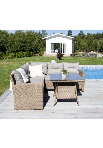 VENTURE DESIGN Watford hjrne havesofa m. natur stofhynder og glasbord - natur aluminium og flet