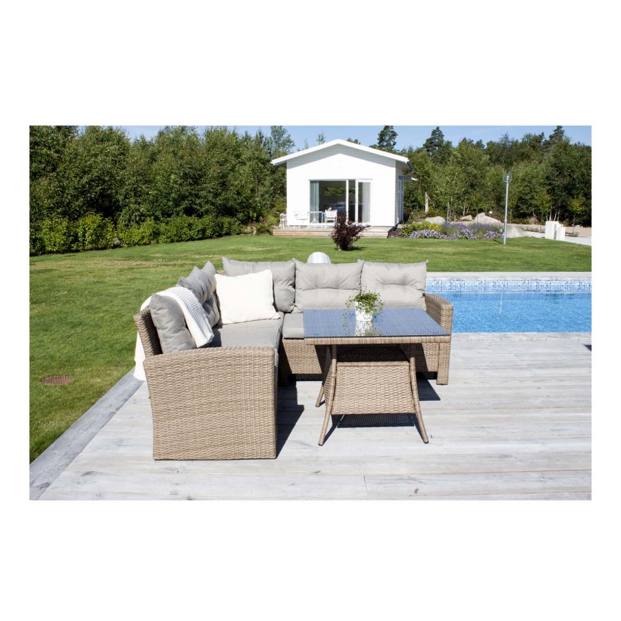 VENTURE DESIGN Watford hjrne havesofa m. natur stofhynder og glasbord - natur aluminium og flet