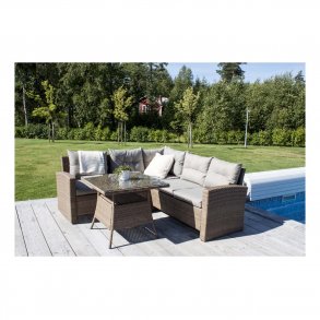 VENTURE DESIGN Watford hjrne havesofa m. natur stofhynder og glasbord - natur aluminium og flet