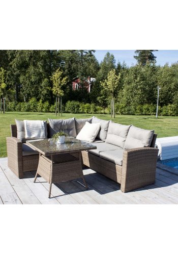 VENTURE DESIGN Watford hjrne havesofa m. natur stofhynder og glasbord - natur aluminium og flet