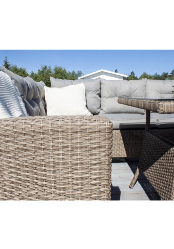 VENTURE DESIGN Watford hjrne havesofa m. natur stofhynder og glasbord - natur aluminium og flet