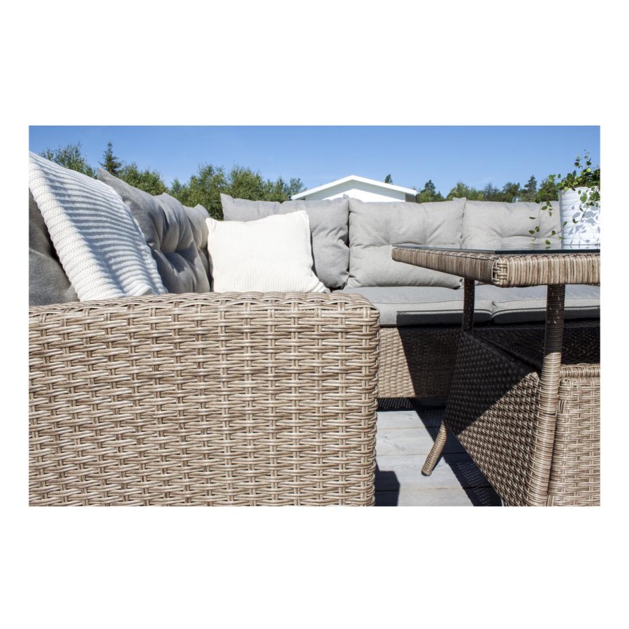 VENTURE DESIGN Watford hjrne havesofa m. natur stofhynder og glasbord - natur aluminium og flet