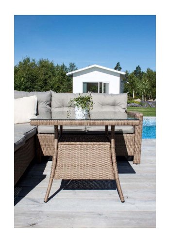 VENTURE DESIGN Watford hjrne havesofa m. natur stofhynder og glasbord - natur aluminium og flet