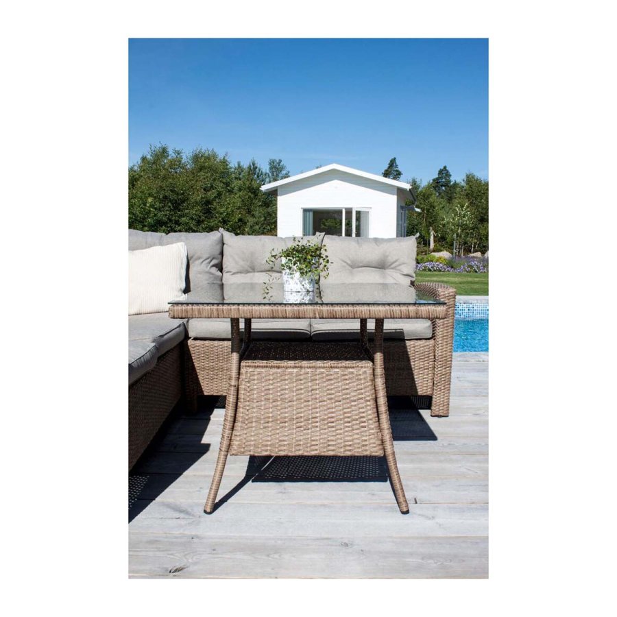 VENTURE DESIGN Watford hjrne havesofa m. natur stofhynder og glasbord - natur aluminium og flet