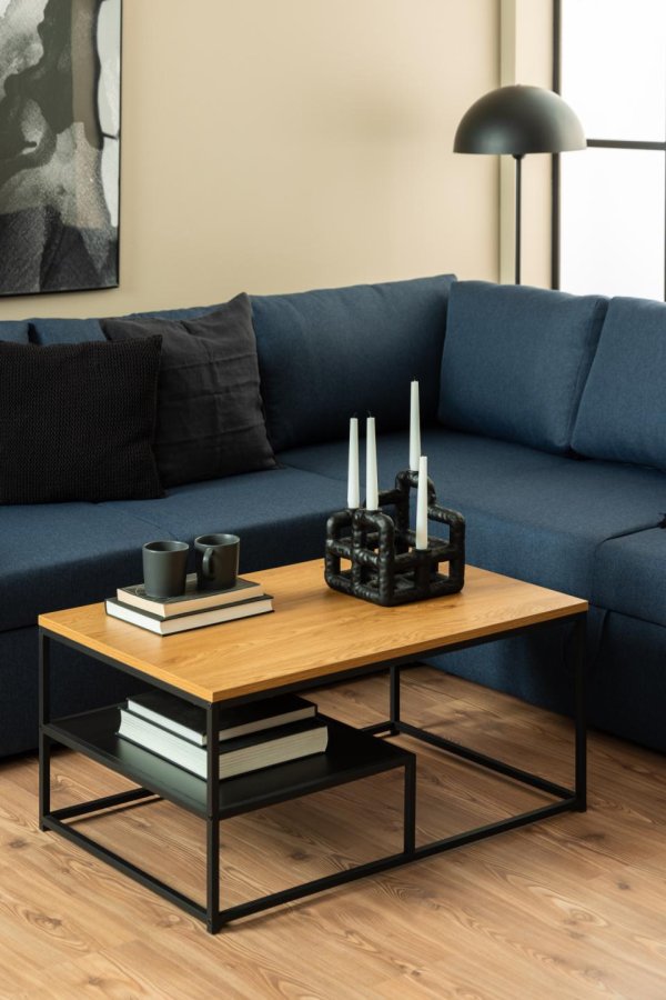 ACT NORDIC Gila sofabord, m. 1 hylde - natur vild eg/sort melamin og sort stl (90x60)