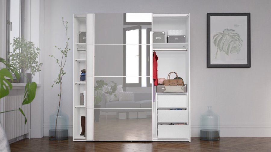 TVILUM Verona Skydedrsskab - spejlglas og hvid tr, 2 skydedre m. hylder og skuffer