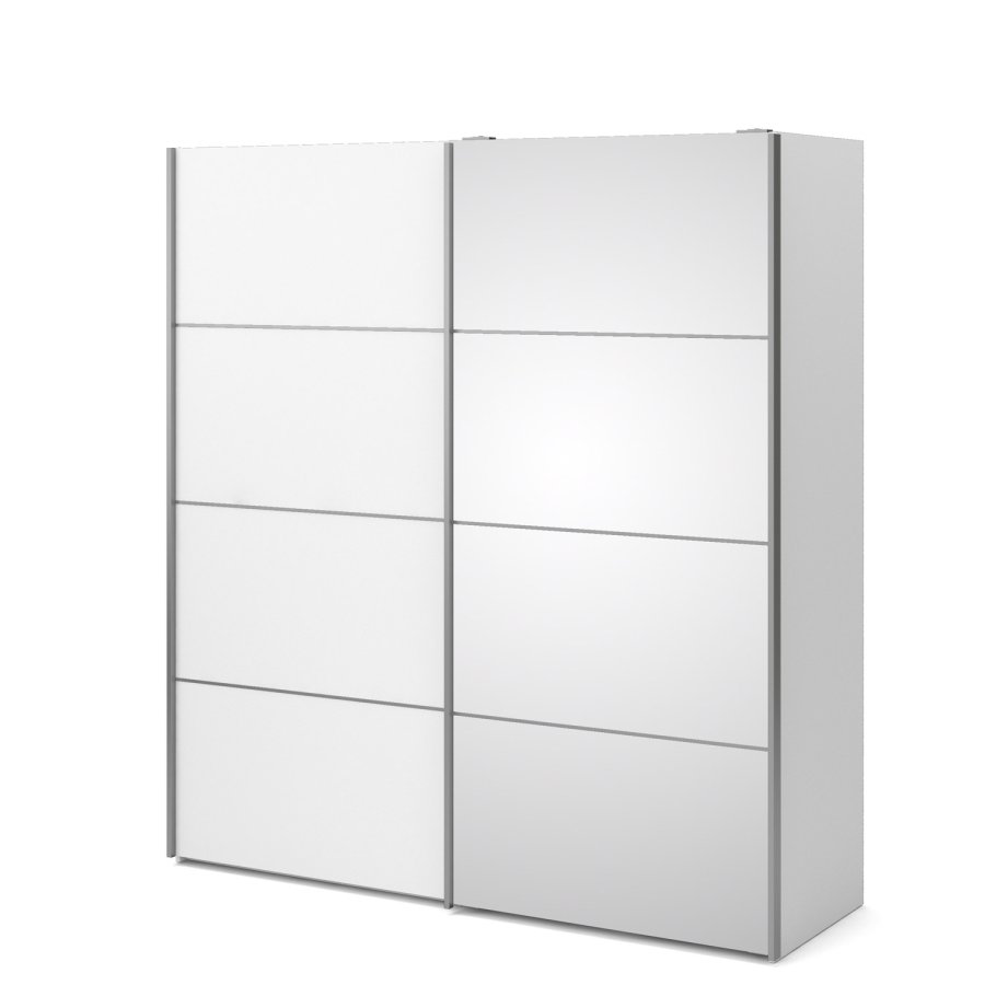 TVILUM Verona Skydedrsskab - spejlglas og hvid tr, 2 skydedre m. hylder og skuffer